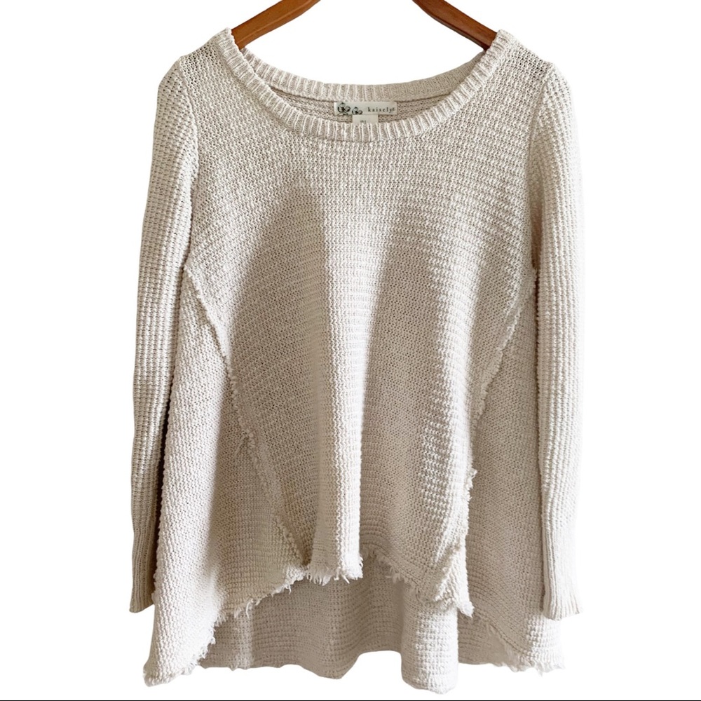 Kaisely for Anthropolgie Distressed Sweater, Cream Tan, Size Small